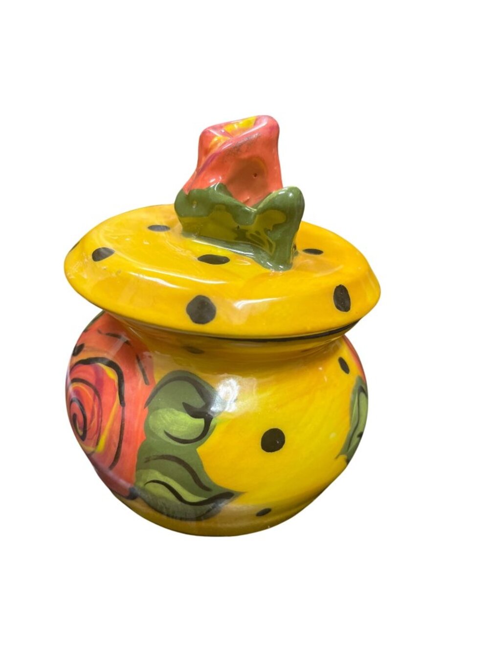 Hand painted signed rose yellow orange studio ceramic lided jar SKU 10-284